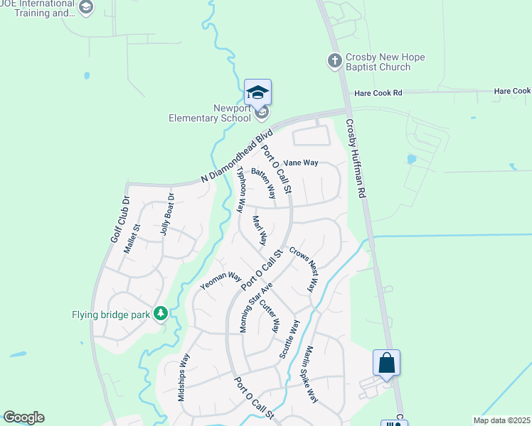 map of restaurants, bars, coffee shops, grocery stores, and more near 611 Topsail Way in Crosby