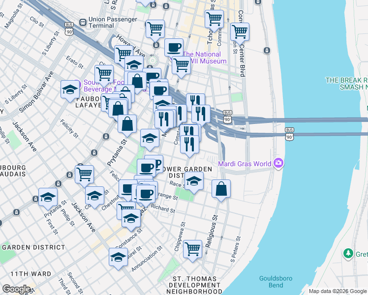 map of restaurants, bars, coffee shops, grocery stores, and more near 1360 Annunciation Street in New Orleans