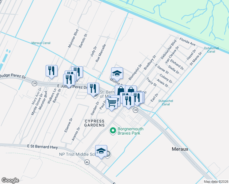 map of restaurants, bars, coffee shops, grocery stores, and more near 4105 East Judge Perez Drive in Meraux