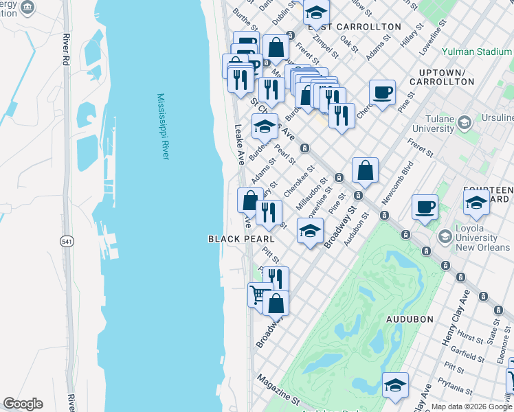 map of restaurants, bars, coffee shops, grocery stores, and more near 7606 Hurst Street in New Orleans