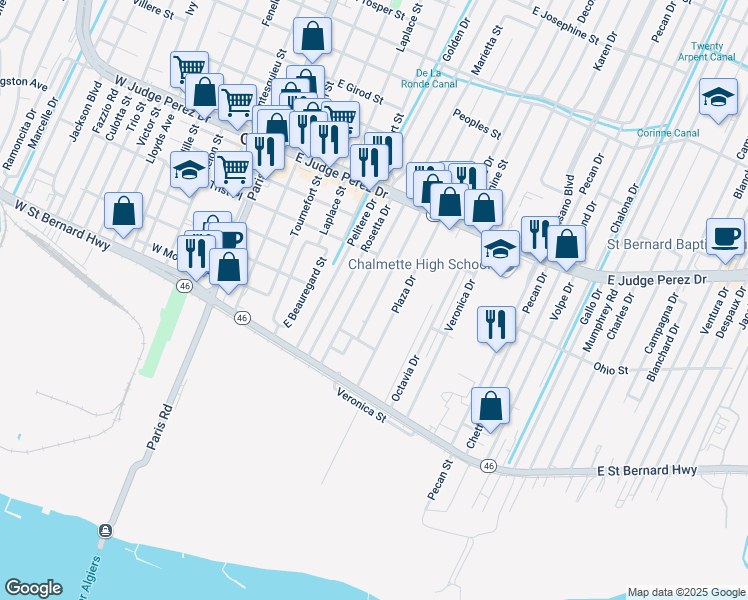 map of restaurants, bars, coffee shops, grocery stores, and more near 2312 Lyndell Drive in Chalmette