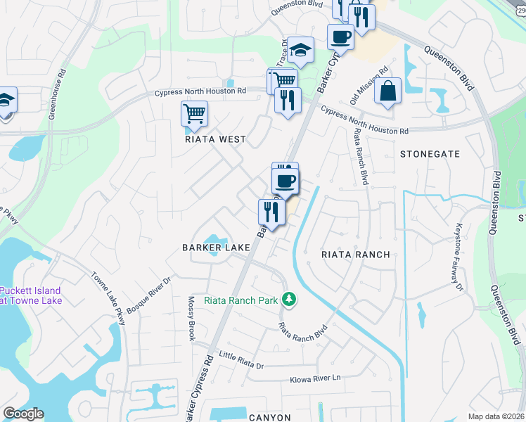 map of restaurants, bars, coffee shops, grocery stores, and more near 17610 Tower Bluff Lane in Cypress