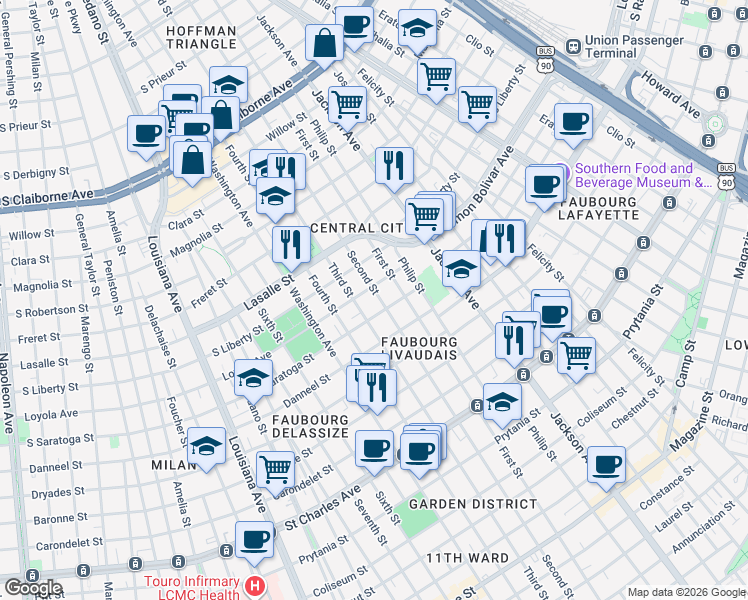 map of restaurants, bars, coffee shops, grocery stores, and more near 2154 Second Street in New Orleans