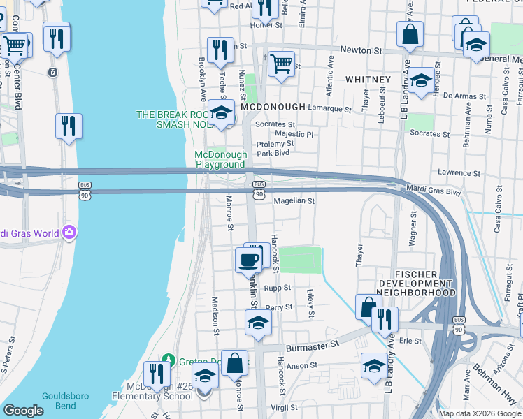 map of restaurants, bars, coffee shops, grocery stores, and more near 523 Magellan Street in New Orleans