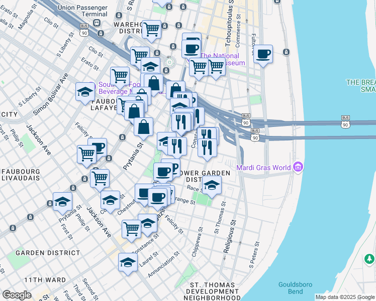 map of restaurants, bars, coffee shops, grocery stores, and more near 1341 Constance Street in New Orleans