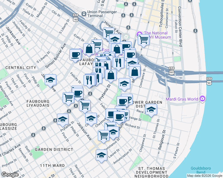 map of restaurants, bars, coffee shops, grocery stores, and more near in New Orleans