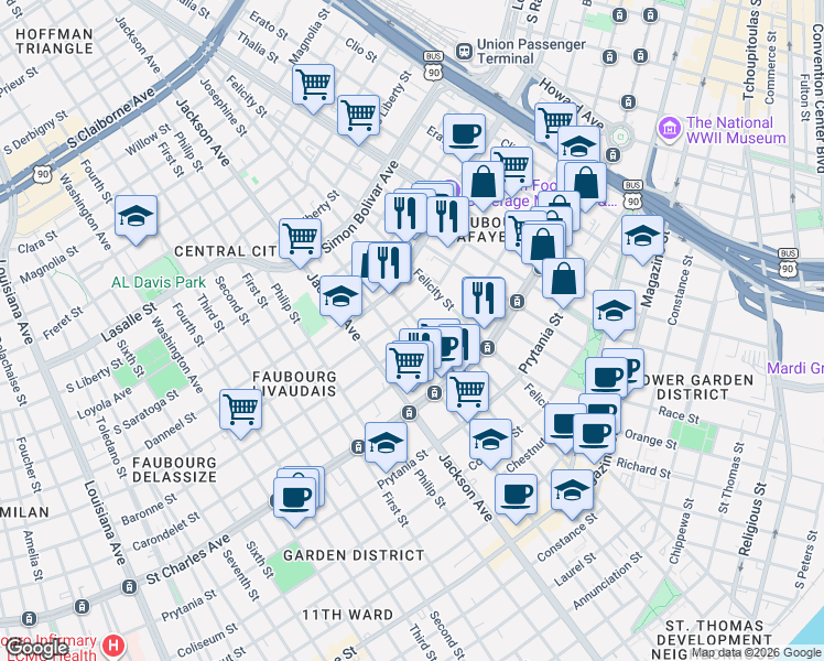 map of restaurants, bars, coffee shops, grocery stores, and more near 2020 Baronne Street in New Orleans