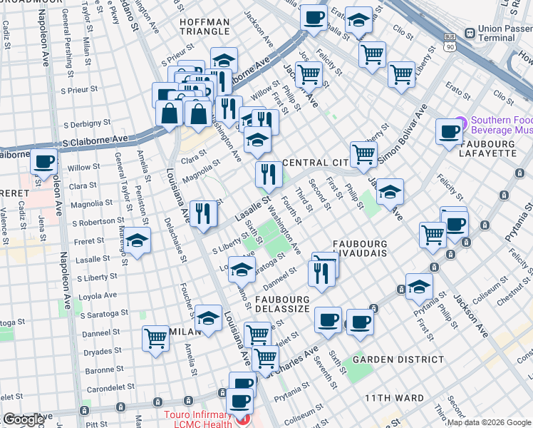 map of restaurants, bars, coffee shops, grocery stores, and more near 2832 Lasalle Street in New Orleans