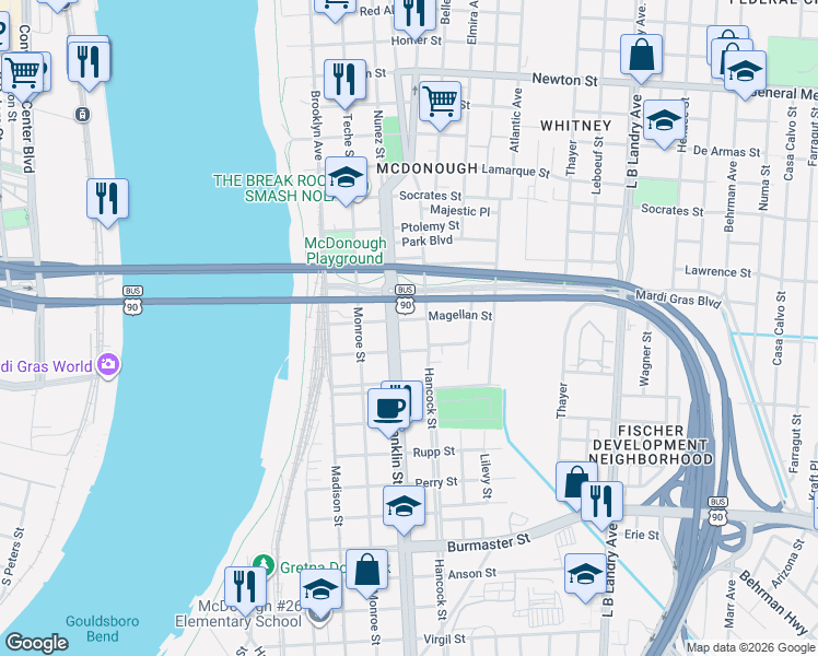 map of restaurants, bars, coffee shops, grocery stores, and more near 523 Magellan Street in New Orleans