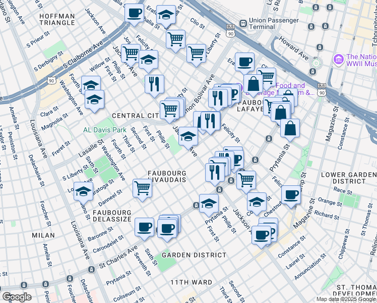 map of restaurants, bars, coffee shops, grocery stores, and more near 2220 Oretha Castle Haley Boulevard in New Orleans