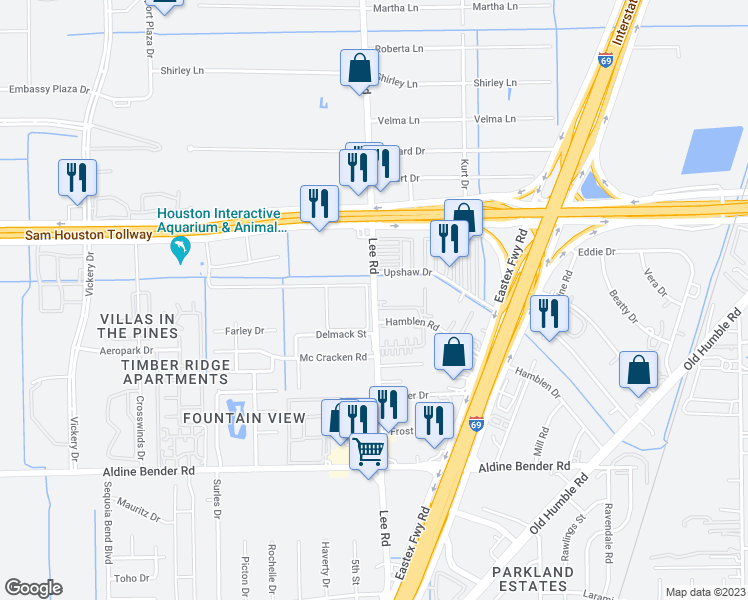 map of restaurants, bars, coffee shops, grocery stores, and more near 15045 Lee Road in Houston