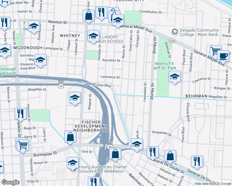 map of restaurants, bars, coffee shops, grocery stores, and more near 1700 Mardi Gras Boulevard in New Orleans