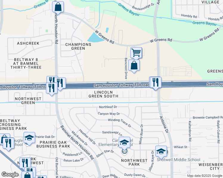 map of restaurants, bars, coffee shops, grocery stores, and more near 11024 Sprangletop Court in Houston