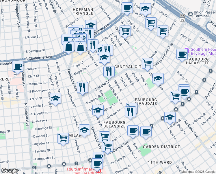 map of restaurants, bars, coffee shops, grocery stores, and more near 2832 Lasalle Street in New Orleans