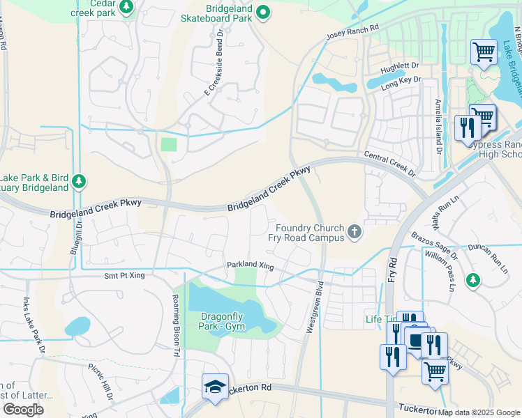 map of restaurants, bars, coffee shops, grocery stores, and more near 18710 Turkey Peak Court in Cypress