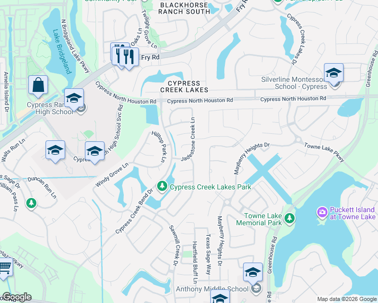 map of restaurants, bars, coffee shops, grocery stores, and more near 26823 Shoal Hollow Court in Cypress