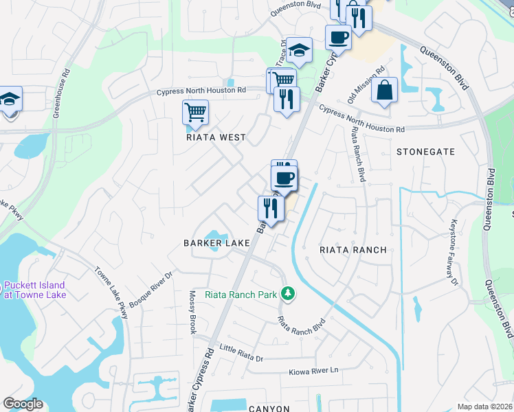 map of restaurants, bars, coffee shops, grocery stores, and more near 17610 Tower Bluff Ln in Cypress