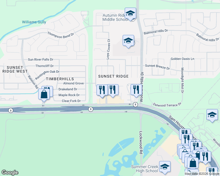 map of restaurants, bars, coffee shops, grocery stores, and more near 11410 Moonlight Ridge Drive in Humble