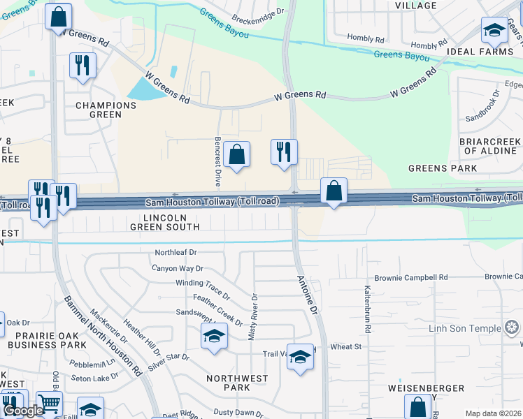 map of restaurants, bars, coffee shops, grocery stores, and more near 11022 Tridens Court in Houston