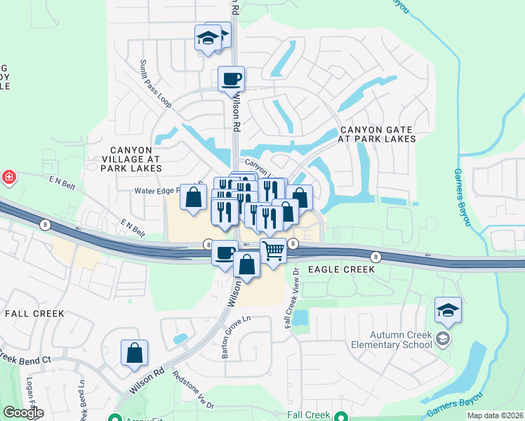 map of restaurants, bars, coffee shops, grocery stores, and more near 4801 Wilson Road in Humble