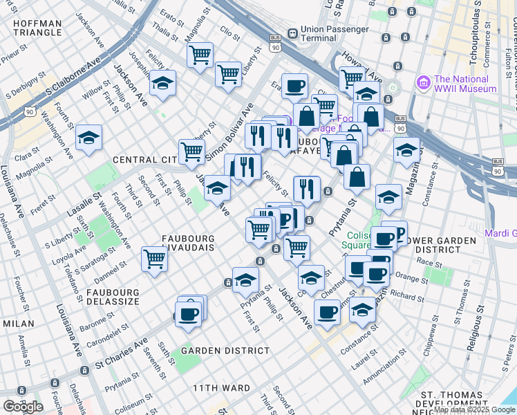map of restaurants, bars, coffee shops, grocery stores, and more near 2020 Baronne Street in New Orleans