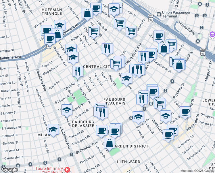 map of restaurants, bars, coffee shops, grocery stores, and more near 2037 First Street in New Orleans