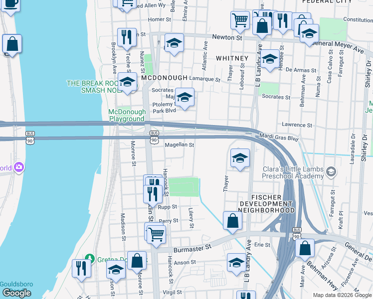 map of restaurants, bars, coffee shops, grocery stores, and more near 1907 Bodenger Boulevard in New Orleans