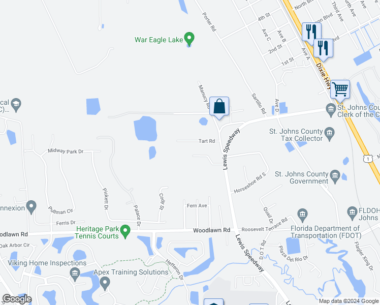 map of restaurants, bars, coffee shops, grocery stores, and more near 126 Plantation Point Drive in St. Augustine