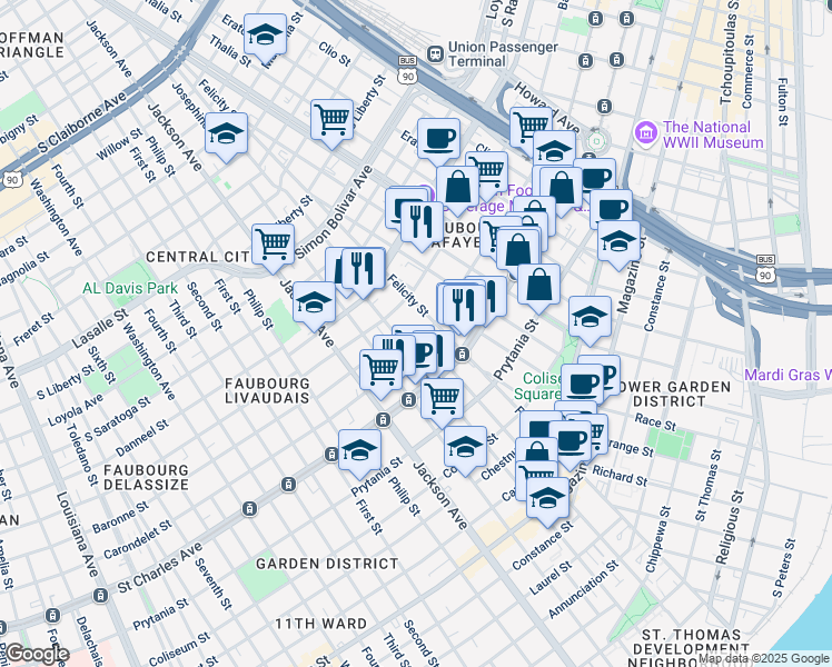 map of restaurants, bars, coffee shops, grocery stores, and more near 1829 Carondelet Street in New Orleans