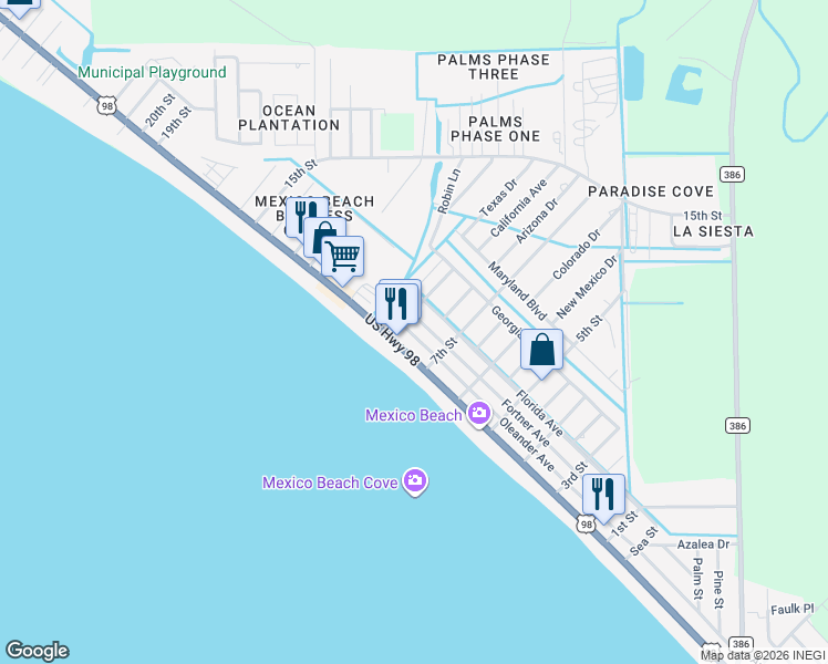map of restaurants, bars, coffee shops, grocery stores, and more near 114 8th Street in Mexico Beach