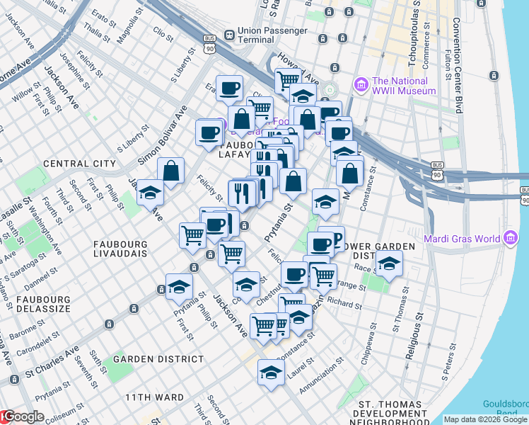 map of restaurants, bars, coffee shops, grocery stores, and more near 1541 Polymnia Street in New Orleans