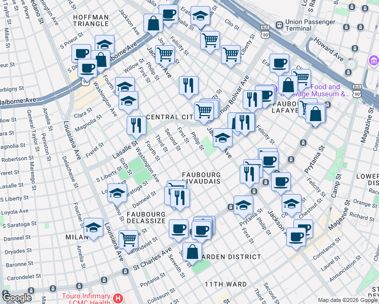 map of restaurants, bars, coffee shops, grocery stores, and more near 2037 First Street in New Orleans