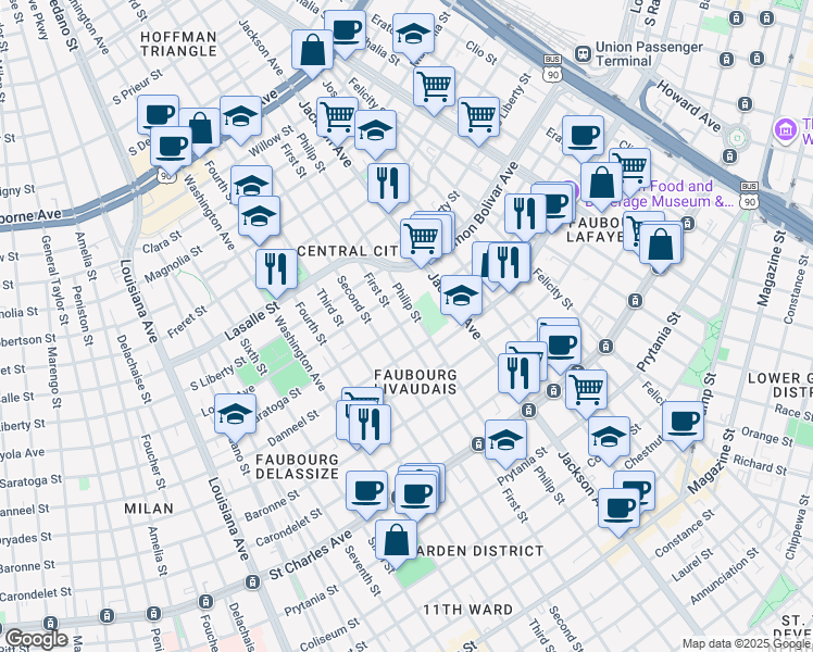 map of restaurants, bars, coffee shops, grocery stores, and more near 2037 First Street in New Orleans