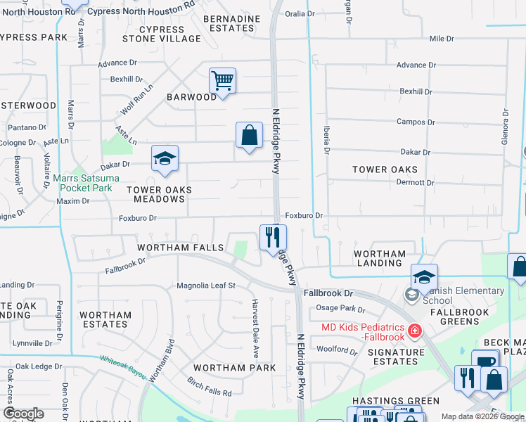 map of restaurants, bars, coffee shops, grocery stores, and more near 12410 Foxburo Drive in Houston