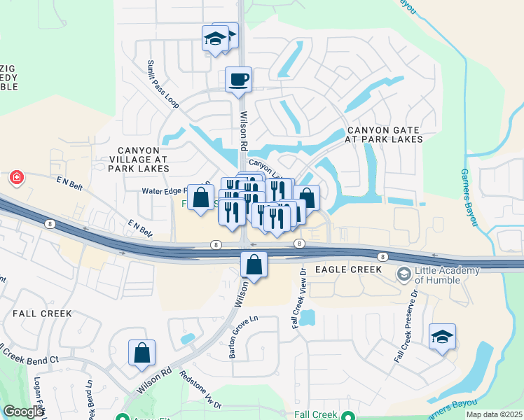 map of restaurants, bars, coffee shops, grocery stores, and more near 4801 Wilson Road in Humble