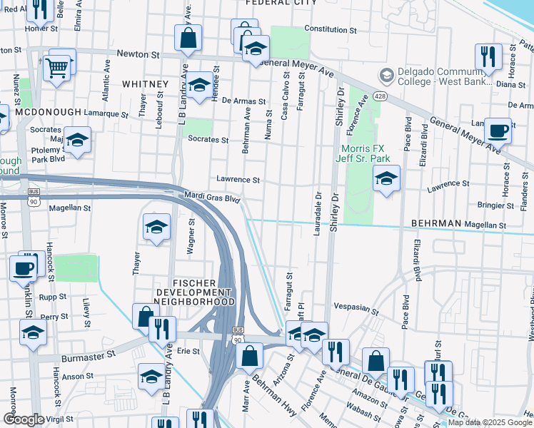 map of restaurants, bars, coffee shops, grocery stores, and more near 1750 Numa Street in New Orleans