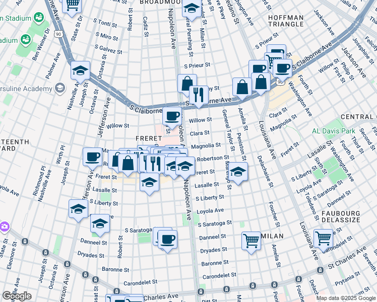 map of restaurants, bars, coffee shops, grocery stores, and more near 2636 Napoleon Avenue in New Orleans