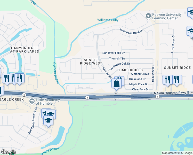 map of restaurants, bars, coffee shops, grocery stores, and more near 10531 Harbor Canyon Drive in Humble
