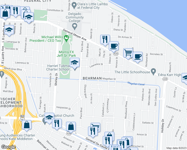 map of restaurants, bars, coffee shops, grocery stores, and more near 1669 Southlawn Boulevard in New Orleans