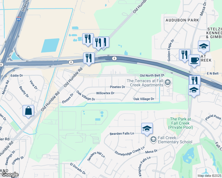 map of restaurants, bars, coffee shops, grocery stores, and more near 7214 Pinetex Dr in Humble