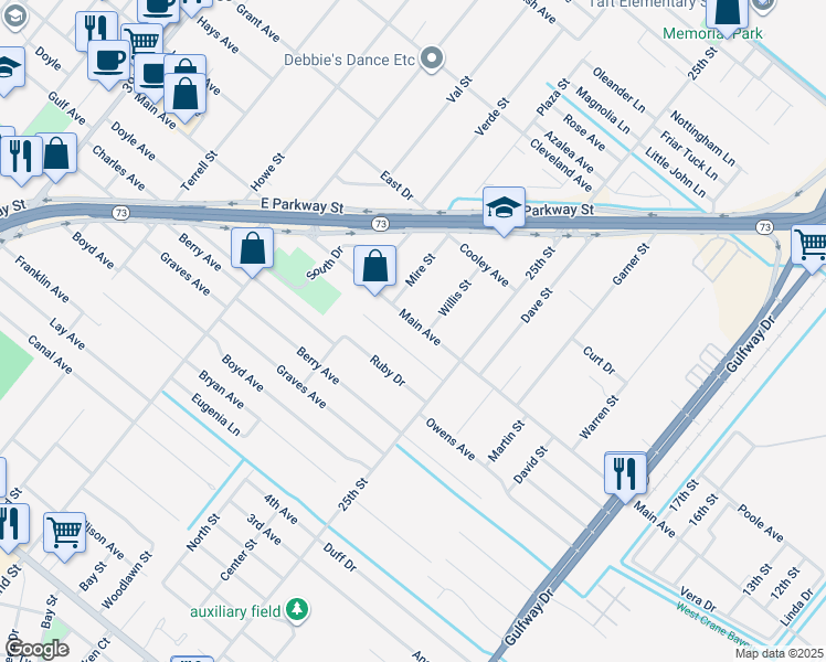 map of restaurants, bars, coffee shops, grocery stores, and more near 2831 Main Ave in Groves