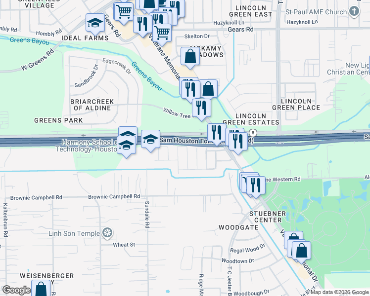 map of restaurants, bars, coffee shops, grocery stores, and more near 13919 Bearwood Road in Houston