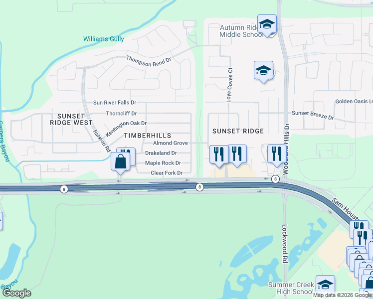 map of restaurants, bars, coffee shops, grocery stores, and more near 11119 Drakeland Drive in Humble