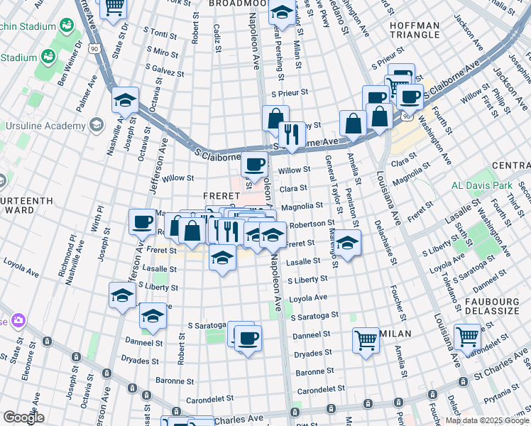 map of restaurants, bars, coffee shops, grocery stores, and more near 2636 Napoleon Avenue in New Orleans