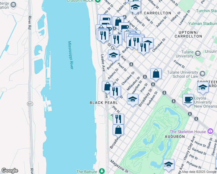 map of restaurants, bars, coffee shops, grocery stores, and more near 7606 Hurst Street in New Orleans