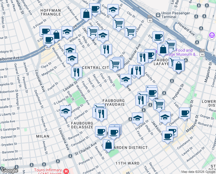map of restaurants, bars, coffee shops, grocery stores, and more near 2037 First Street in New Orleans