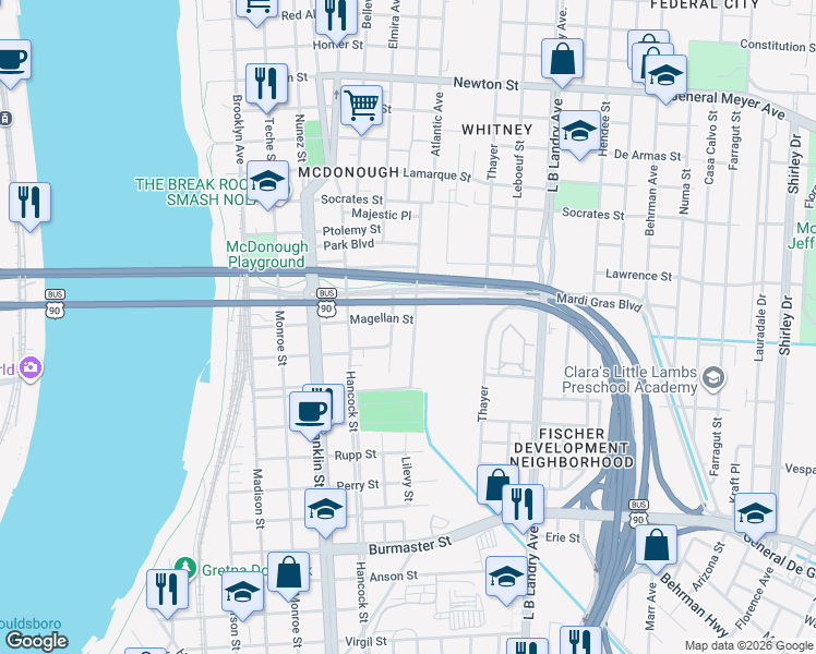 map of restaurants, bars, coffee shops, grocery stores, and more near 1907 Bodenger Boulevard in New Orleans