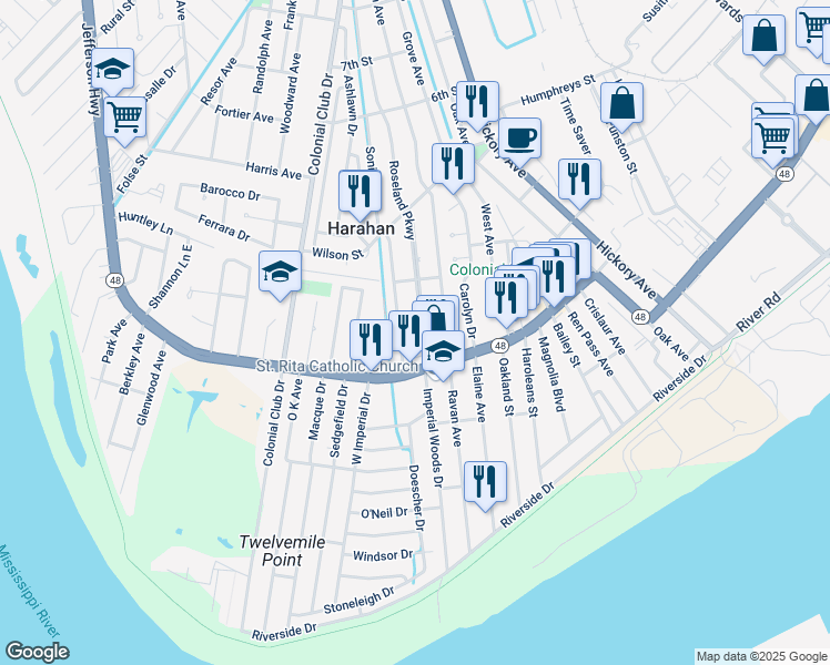 map of restaurants, bars, coffee shops, grocery stores, and more near 256 Roseland Parkway in Harahan