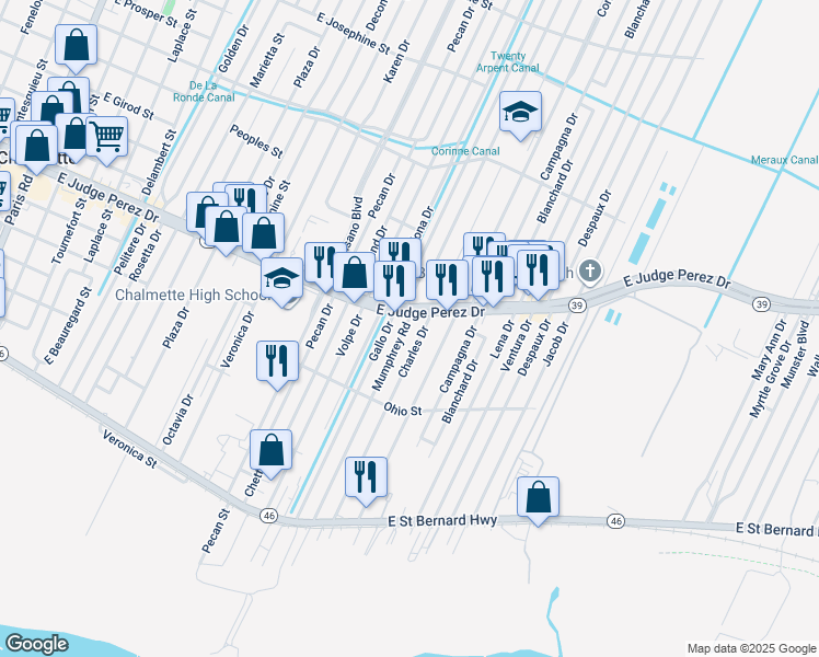 map of restaurants, bars, coffee shops, grocery stores, and more near 2521 Mumphrey Road in Chalmette