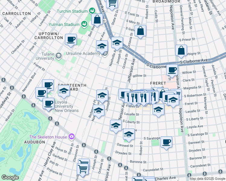 map of restaurants, bars, coffee shops, grocery stores, and more near 2319 Joseph Street in New Orleans